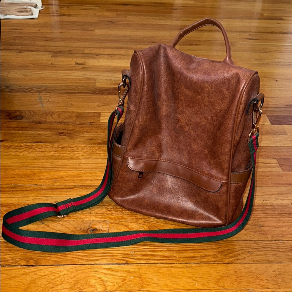 Brown Leather Unisex Backpack with Adjustable Strap